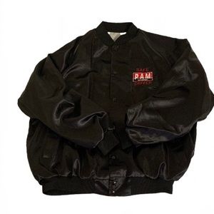VTG West Ark Satin Bomber Jacket Black Made in USA Safe Driver P.A.M. Mens Sz L